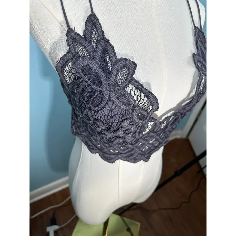 Free People Adella Bralette Gray Crochet Lace festival summer Medium layering
